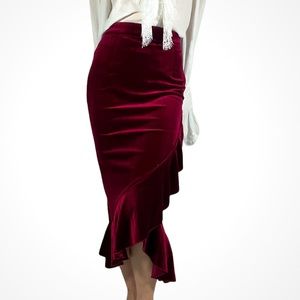 VELVET BURGUNDY FISHTAIL SKIRT W/ WHITE BLOUSE